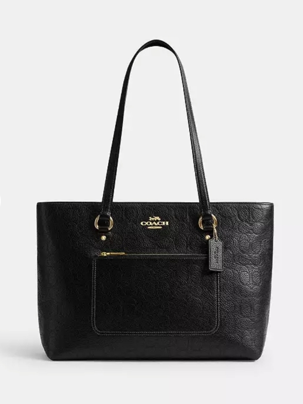 Coach Black Leather Tote with Front Zip Pocket and Gold Hardware